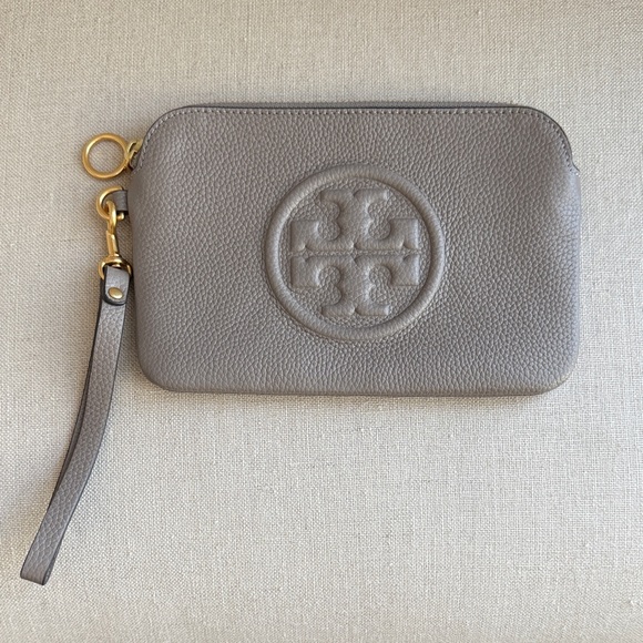 Tory Burch Taupe Wristlet with Logo